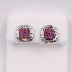 Sterling Silver Pink Druzy Cushion Cut Earrings